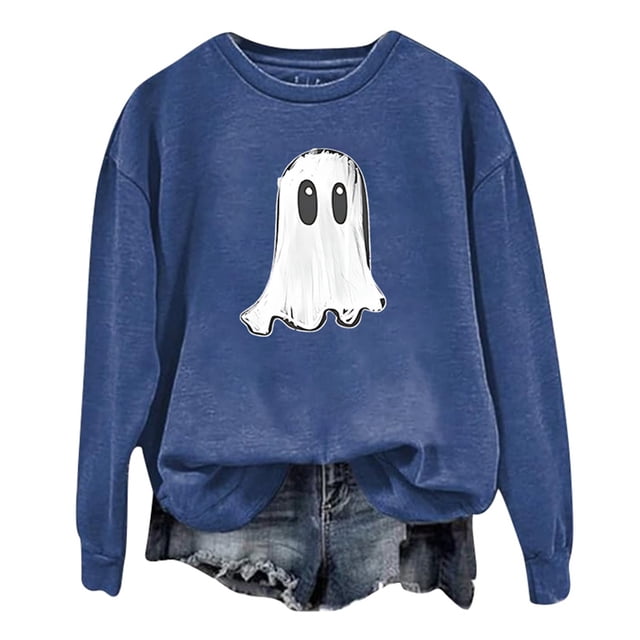 Arlun,Halloween Chandails en Molleton Citrouille 2025 Mode Automne Femmes Grande Taille Chandails à Lettres Imprimées Hauts Coupe Ample Confortable Col Rond Manches Longues Manteau Hauts Sans Capuche Bleu2 TTG