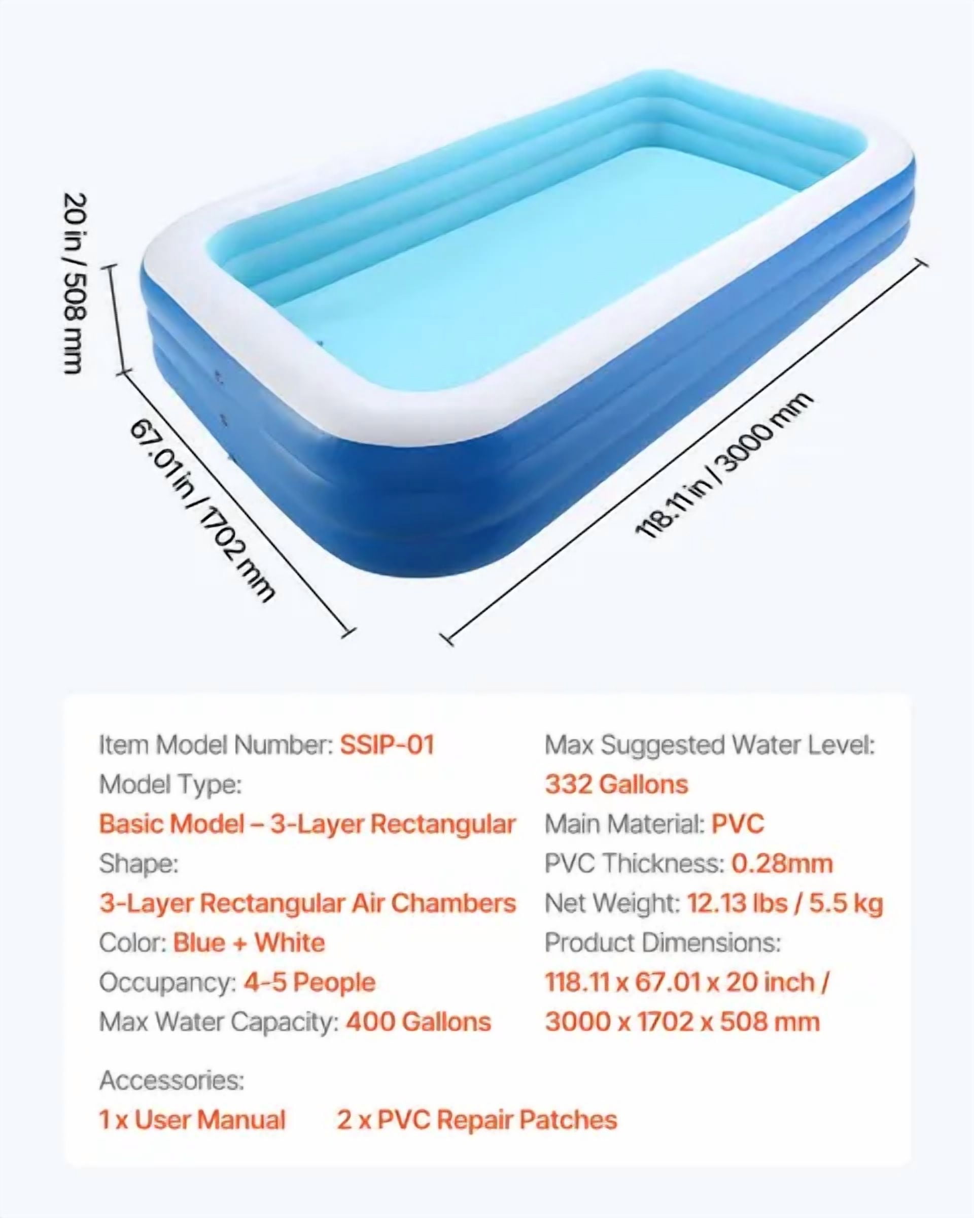 Large Inflatable Swimming Pool 118 x 67 x 20 Inch Family Blow Up Pool with Repair Patches for Kids Adults Indoor Outdoor Summer Water Party