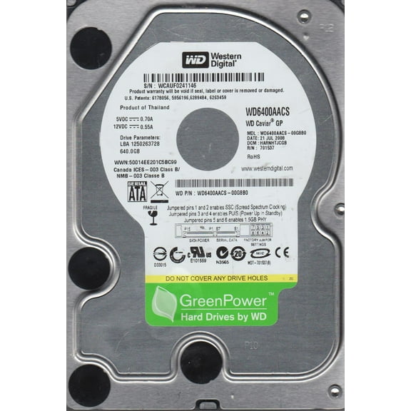 WD6400AACS-00G8B0, DCM HARNHTJCGB, Western Digital 640GB SATA 3.5 Hard Drive