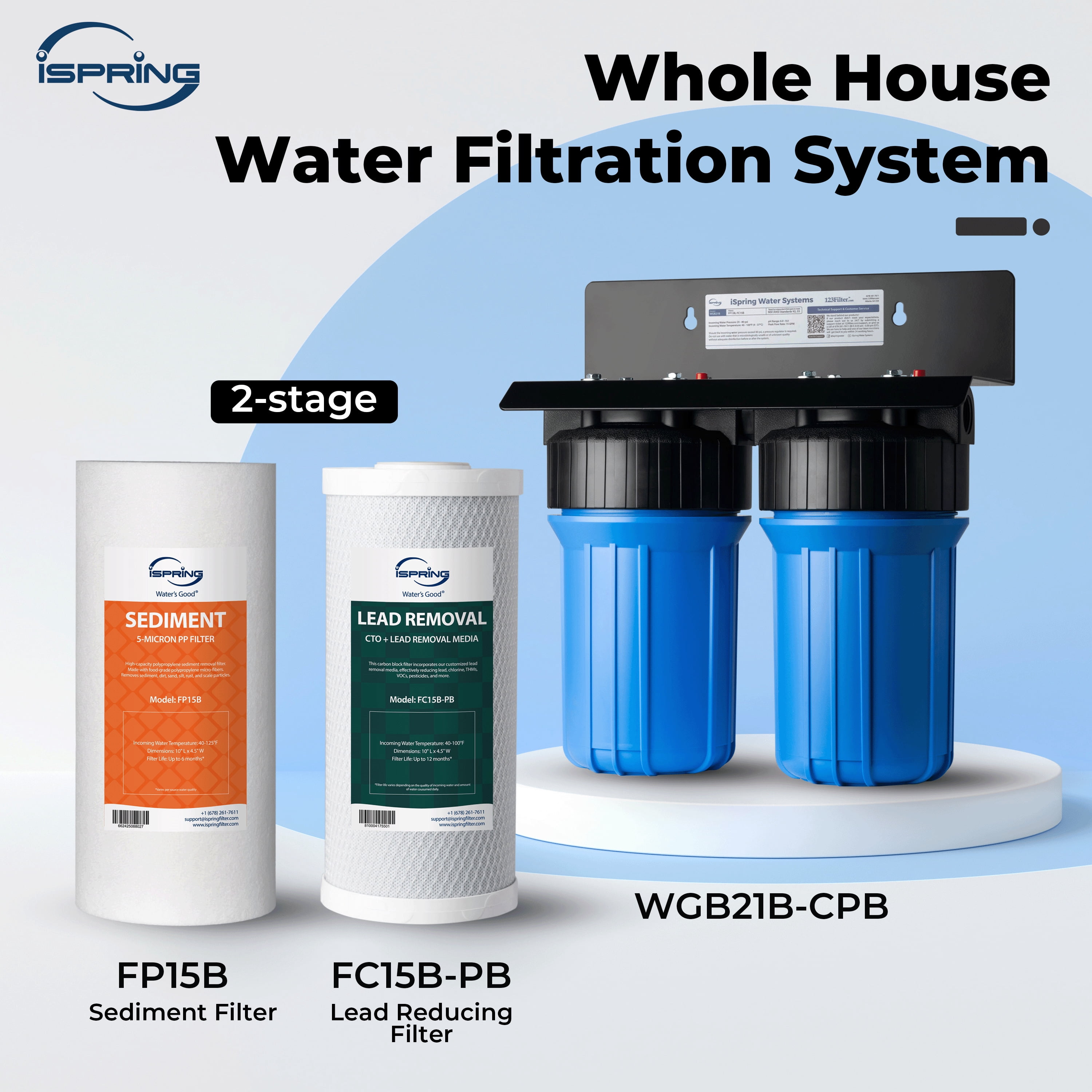 iSpring F2WGB21BCPB 10" x 4.5" Whole House Water Filters for WGB21B Series Water Filter Systems, includes Sediment and Lead-Removal Filters