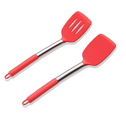 Silicone Spatula Set of 2,Solid & Slotted Turner for Nonstick Cookware,Heat Resistant Rubber Kitchen Cooking Utensils for Flipping Fish Pancake Egg - Red