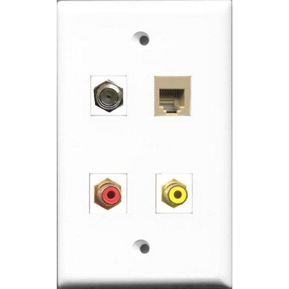 RiteAV 1 Port RCA Red and 1 Port RCA Yellow and 1 Port Coax Cable TV- F-Type and 1 Port Phone RJ11 RJ12 Beige Wall Plate
