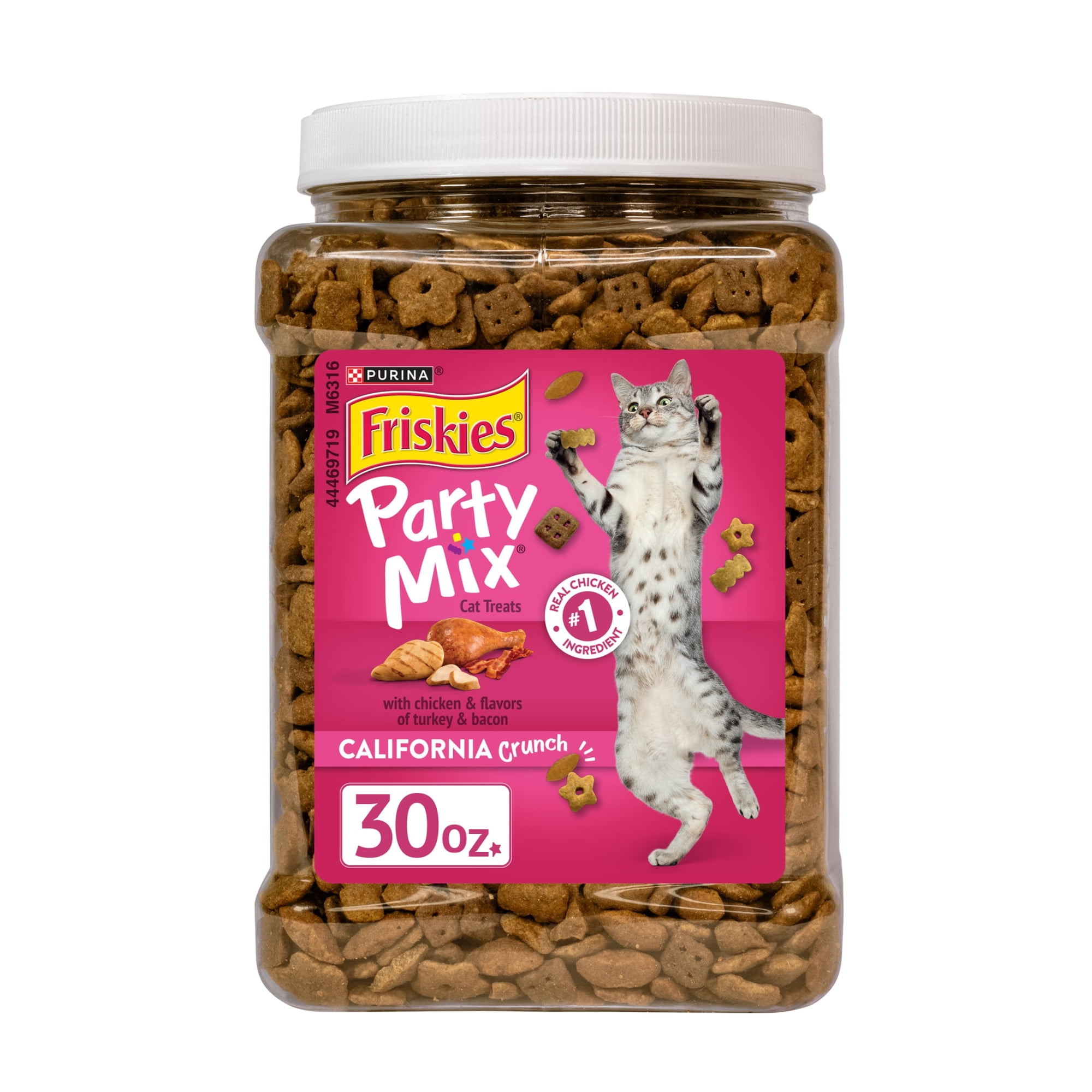 Purina Friskies Party Mix California Crunch Chicken, Turkey, & Bacon Flavor Crunchy Treats for Cats, 30 oz Canister