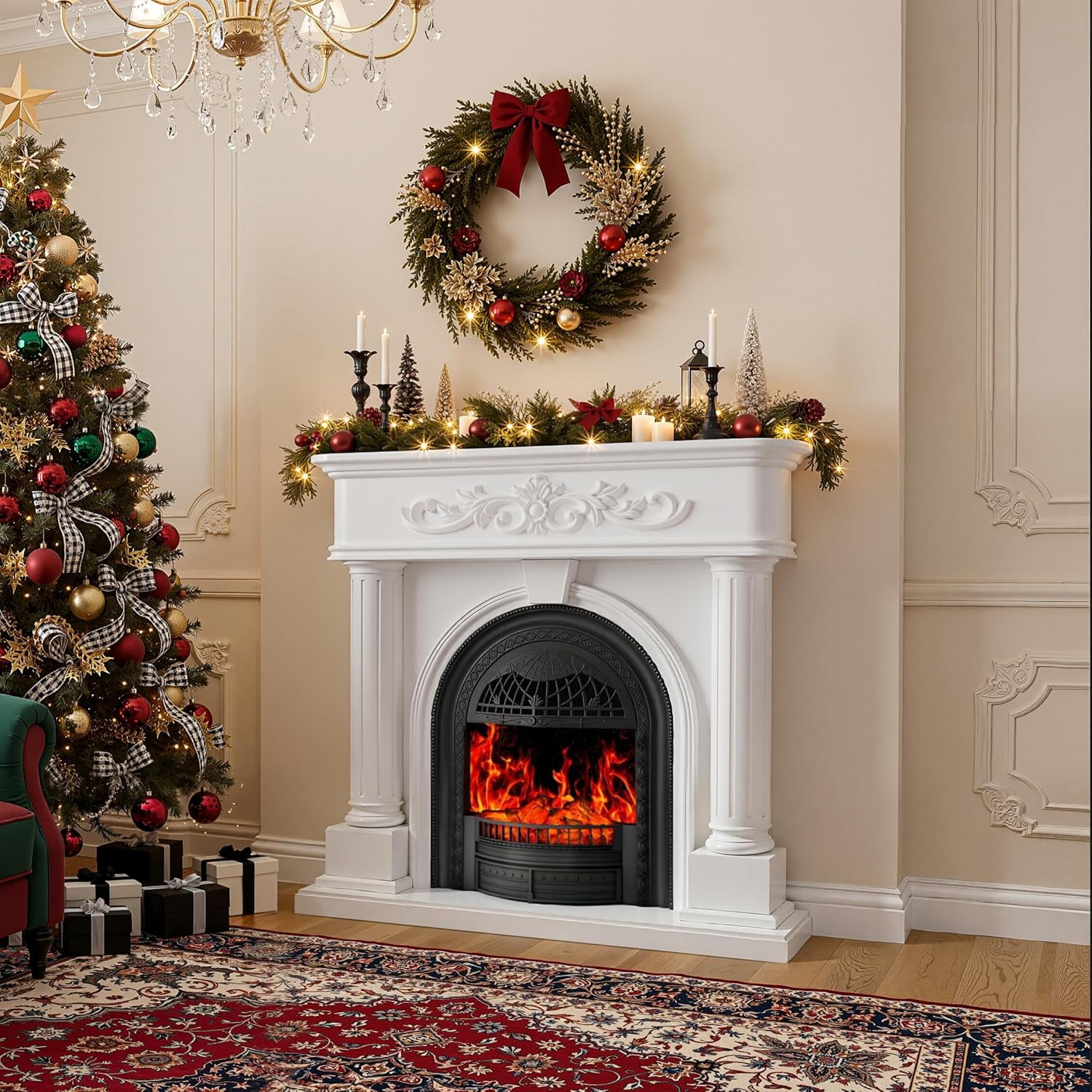 BOSHIRO 50” Electric Fireplace with Mantel, Solid Wood Roman Column TV Stand with Birdcage Heater Insert, Fireplace for Living Room, Bedroom & Entryway