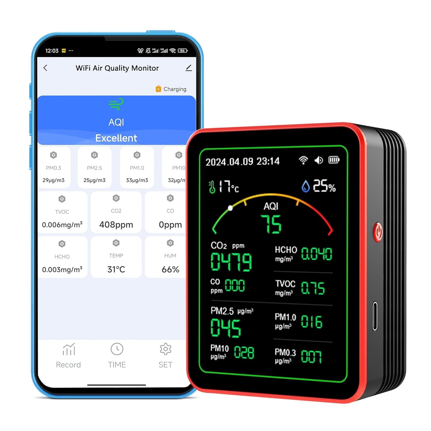 WiFi Indoor Air Quality Monitor, 15-in-1 CO2 PM2.5 PM10 TVOC HCHO AQI Meter, Temp & Humidity, Tuya Smart Life App, 2000mAh Battery