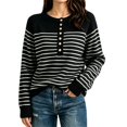 thumbnail image 2 of Women's Striped Henley Knit Sweater Long Sleeve Button Crew Neck Pullover Top, L, 2 of 4