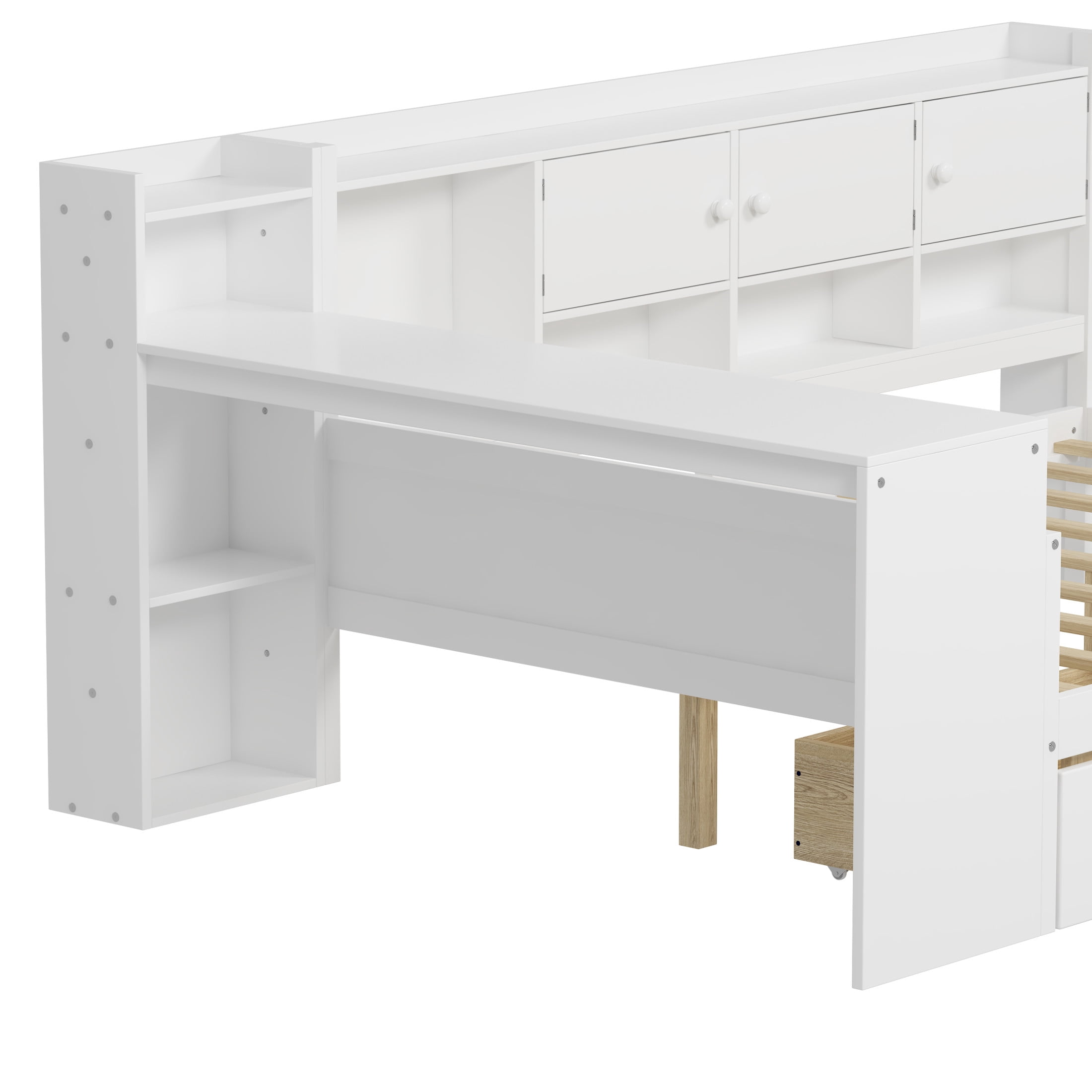 Noble House L-Shaped Full Daybed with Storage Shelves, Desk and 2 Drawers, White