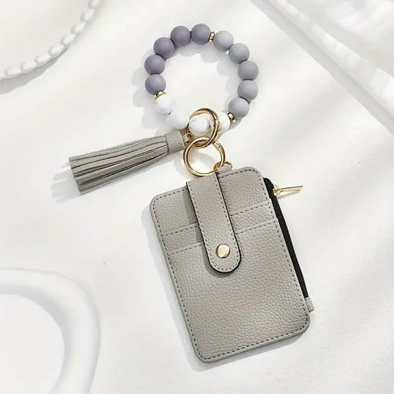 Boho Beaded Tassel Keychain, Ladies' Boho Style Keychain Wristlet Wallet with Beaded Tassel Decoration, Credit Card Holder Purse(F)