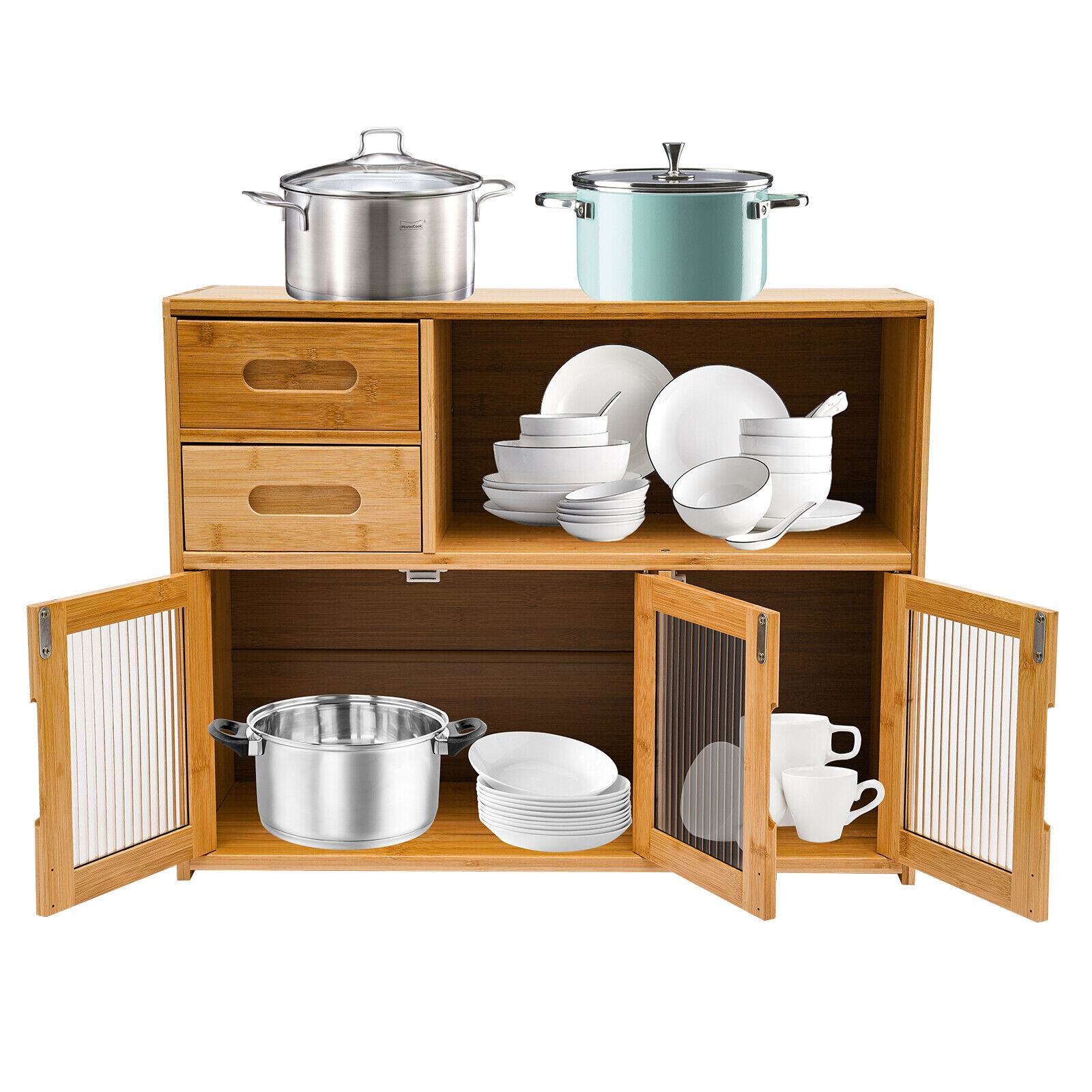 Bamboo Countertop Shelf Storage Cabinet Shelf Kitchen Pantry Sideboard with 2 Drawers