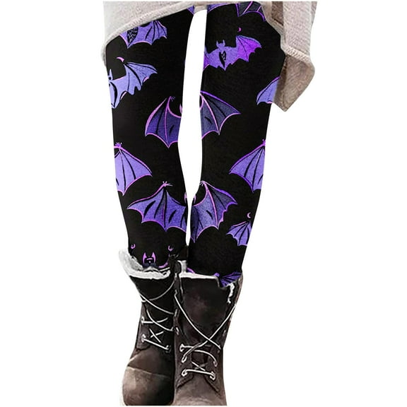 Mingw Halloween Leggings for Women High Waist Stretchy Workout Running Yoga Pants Halloween Cosplay Tights Print Elastic Leggings Pants,Purple,L