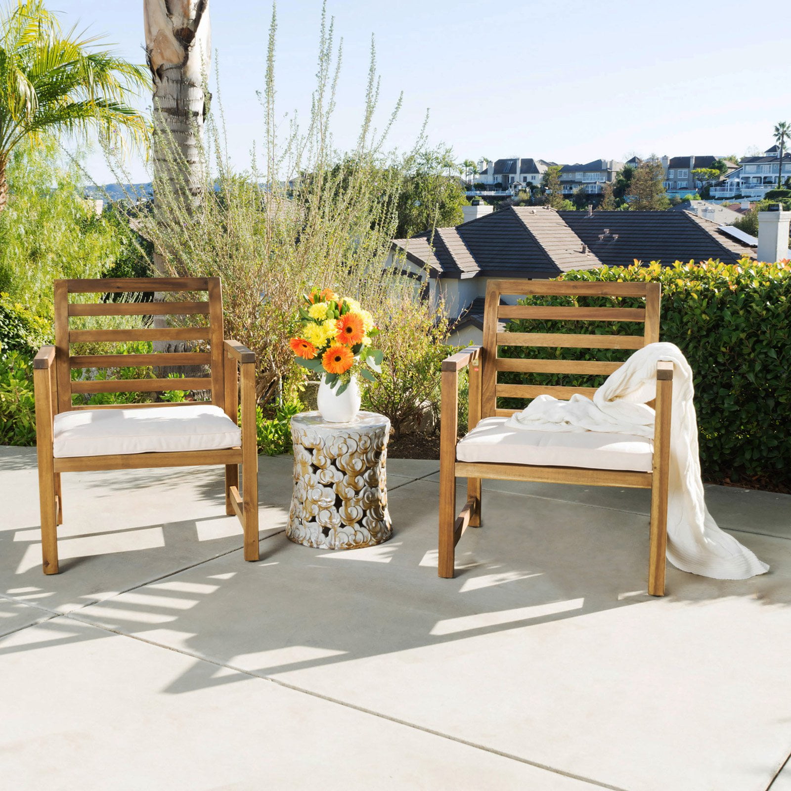 Emilano Set of 2 Acacia Wood Club Chair - Natural Stained - Christopher Knight Home: Weather-Resistant Patio Accent Chairs with Polyester Cushions