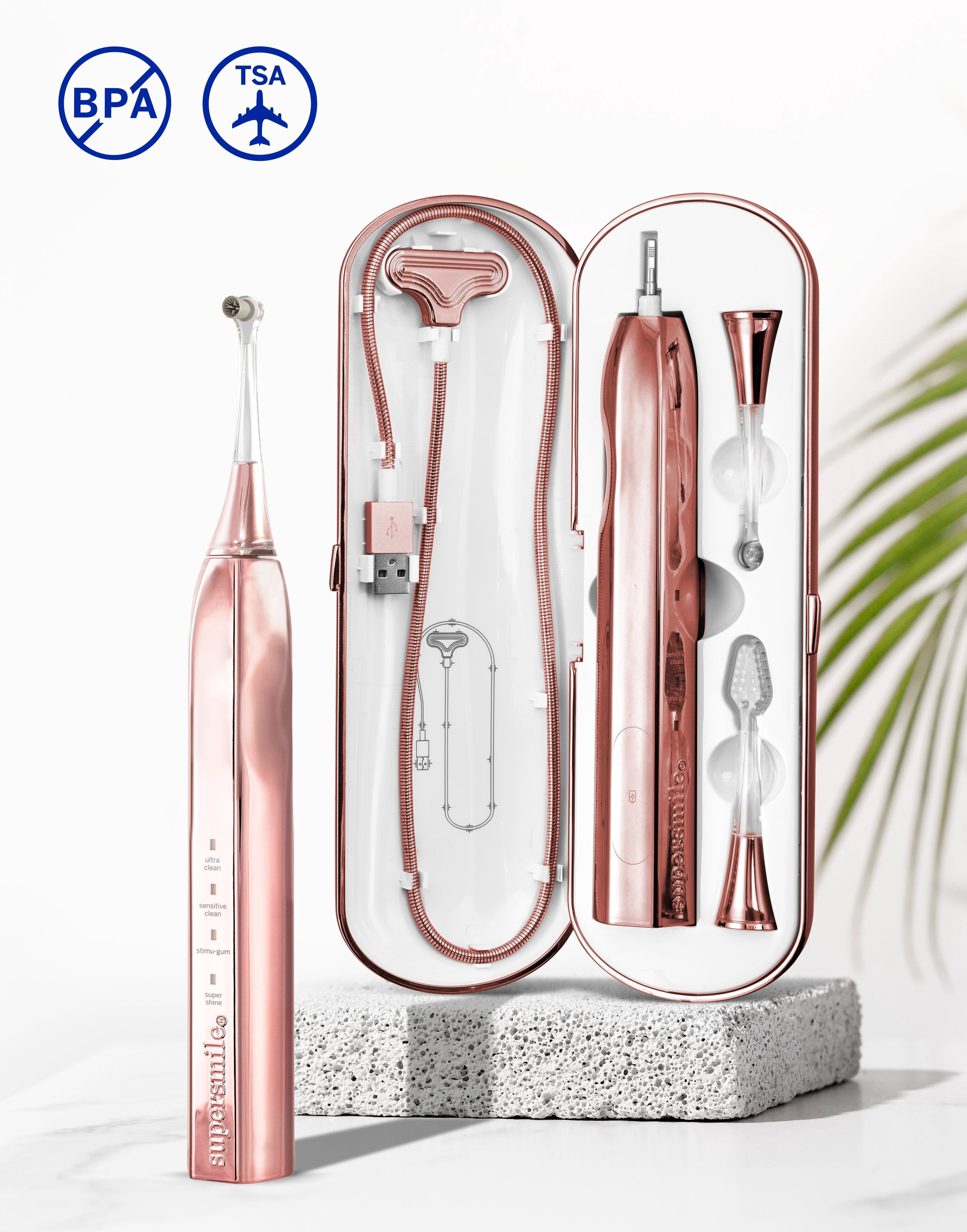 Supersmile Zina45 Deluxe Sonic Pulse Electric Toothbrush with Patented 45° Soft Bristles, USB Rechargeable Whitening Polishing Head and Travel Case for Adults & Children