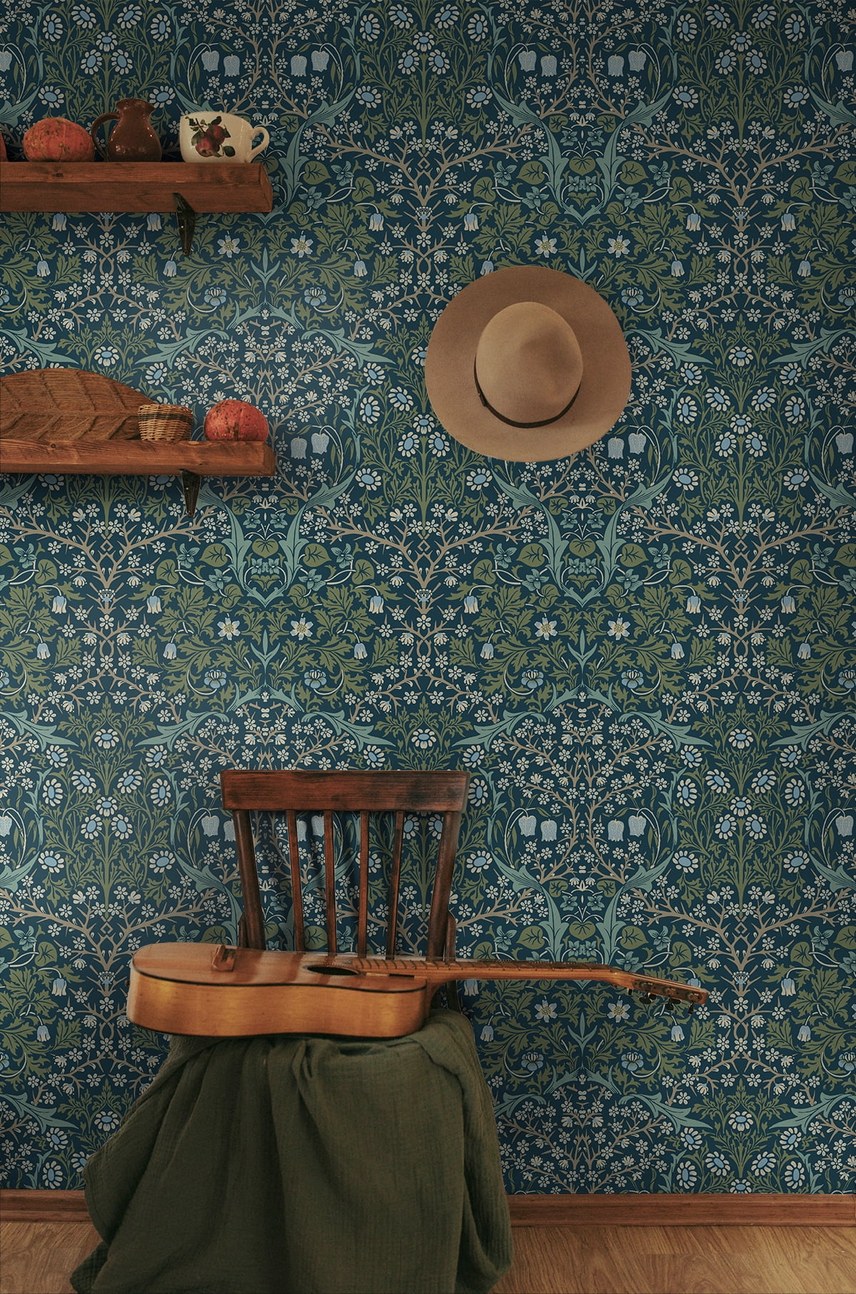 NextWall Prussian Blue & Moss Green Victorian Garden Peel and Stick Wallpaper
