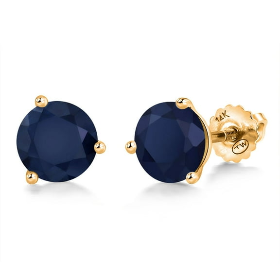 Gem Stone King 14K Yellow Gold Blue Sapphire 3 Prong Martini Screw Back Stud Earrings for Women Men (2.00 Cttw, Gemstone September Birthstone, Round 6MM)