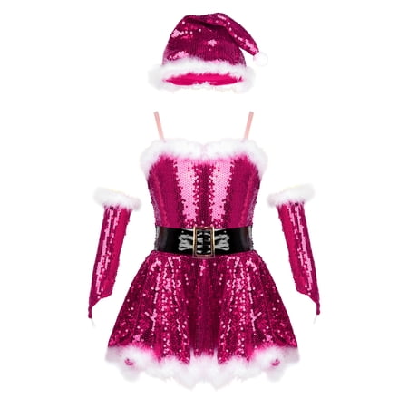 Yhong Kids Girls Sequins Figure Ice Skating Dress Christmas Ballet Dance Leotard Mrs Santa Claus Party Fancy Dress Up Rose 4