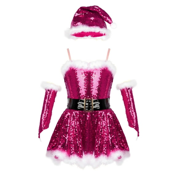 DPOIS Girls' Sequins Ballet Dance Figure Ice Skating Leotard Dress Santa Claus Costume Rose 4