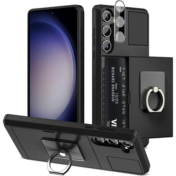 for Samsung Galaxy S23 Case Wallet Credit Card Holder with Transparent Ring Stand Kickstand, Camera Lens Protector Hidden Pocket Anti-Scratch Dual Layer Slim Protective Cover 6.1" 5G Black