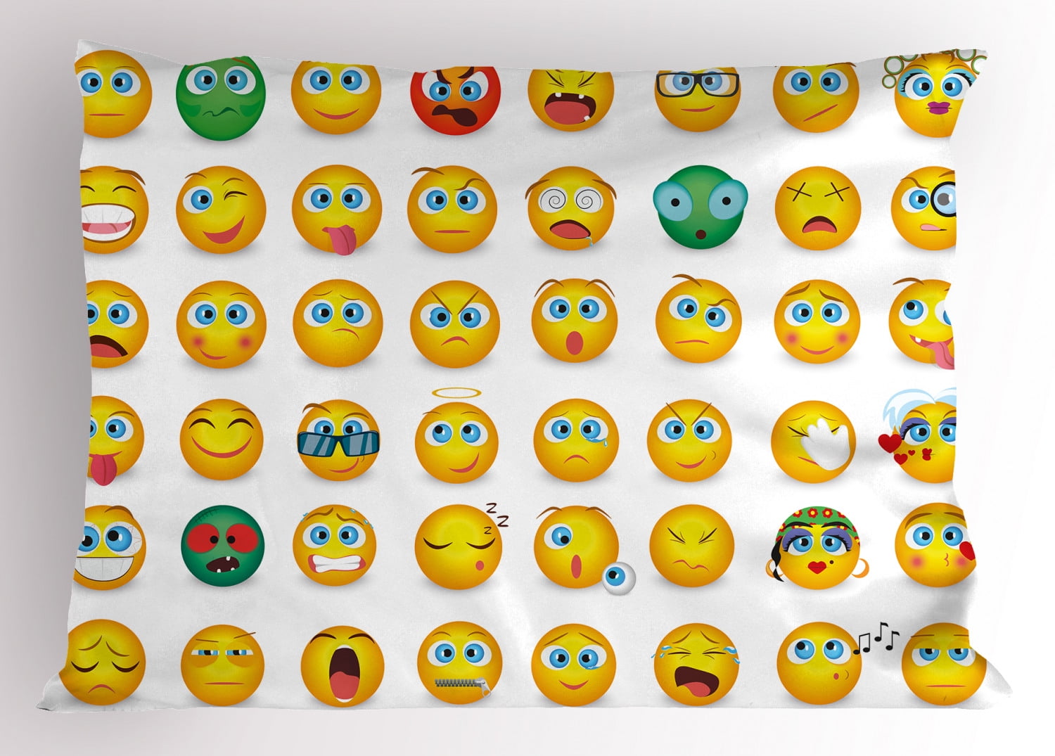 Emoji Pillow Sham Cartoon Like Smiley Faces of Mosters Happy Sad