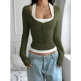 thumbnail image 3 of Women'S Long Sleeve Henley T Shirts Button Ribbed Knit Slim Fit Casual Basic Tops Blouse Olive Green L, 3 of 5