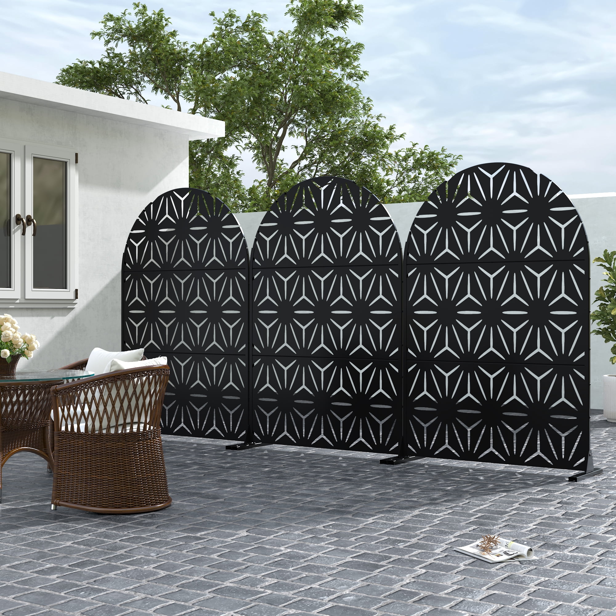 MAYEERTY 72*47" Outdoor Arched Metal Freestanding Privacy Panel Screen, Geometric Star Pattern, Black