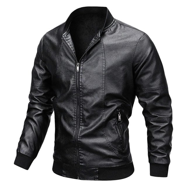 Men Stand Collar Leather Jacket Faux Leather Motorcycle Jackets Casual Slim Zip Up Bomber Biker Coat