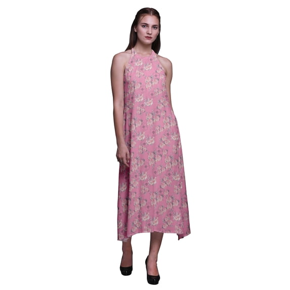 Bimba Floral Women Printed Backless Long Halter Neck Beachwear Rayon Dress-X-Small
