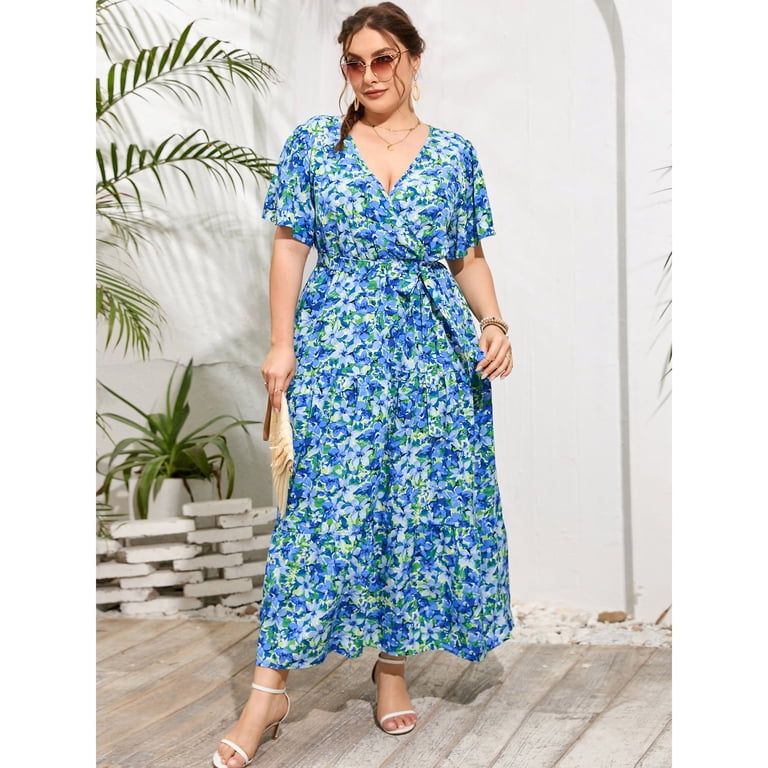 high waist maxi dress plus size Plus Size Red Abstract Print Notch V Neck High Waist Maxi Dress Red / 4X