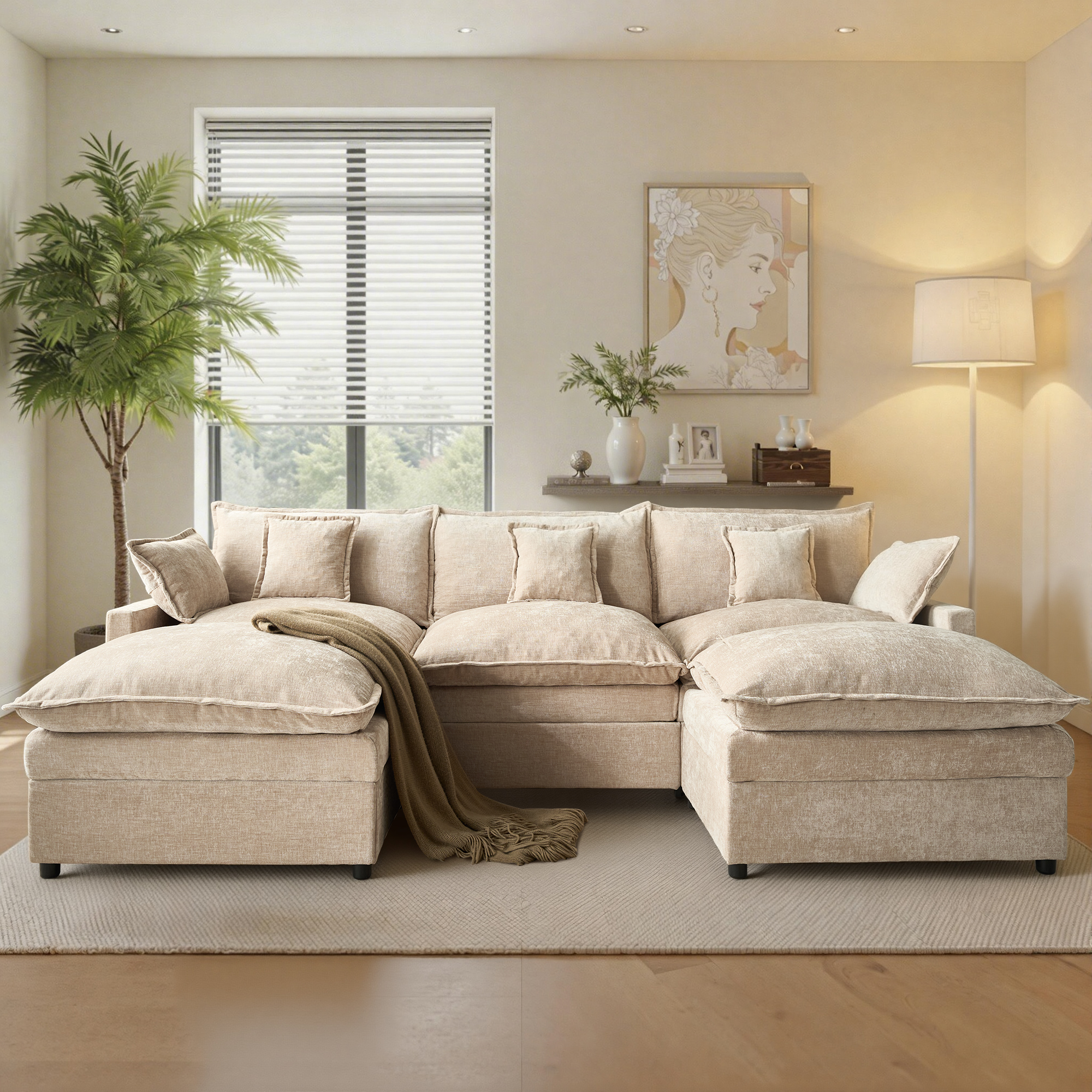 Ovios 108" Modular Sectional Sofa U-Shaped Cloud Couch with 2 Ottomans, Comfy Living Room Furniture, Chenille, Camel