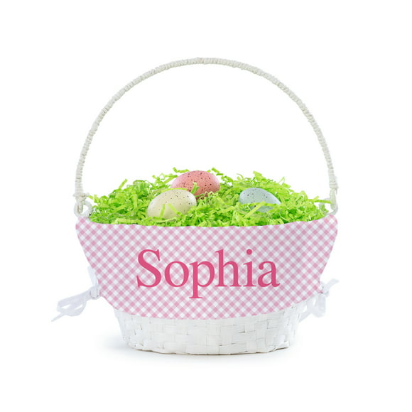 Personalized Planet Pink and White Liner with Custom Name Printed in Pink Letters on White Woven Spring Easter Basket with Collapsible Handle for Egg Hunt or Book Toy Storage
