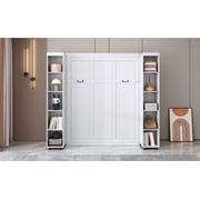 Mintazer Queen Murphy Bed with Pull-Out Storage Cabinets, Modern Foldable Wall Bed with Storage Doors for Bedroom Apartment Guest Room, White