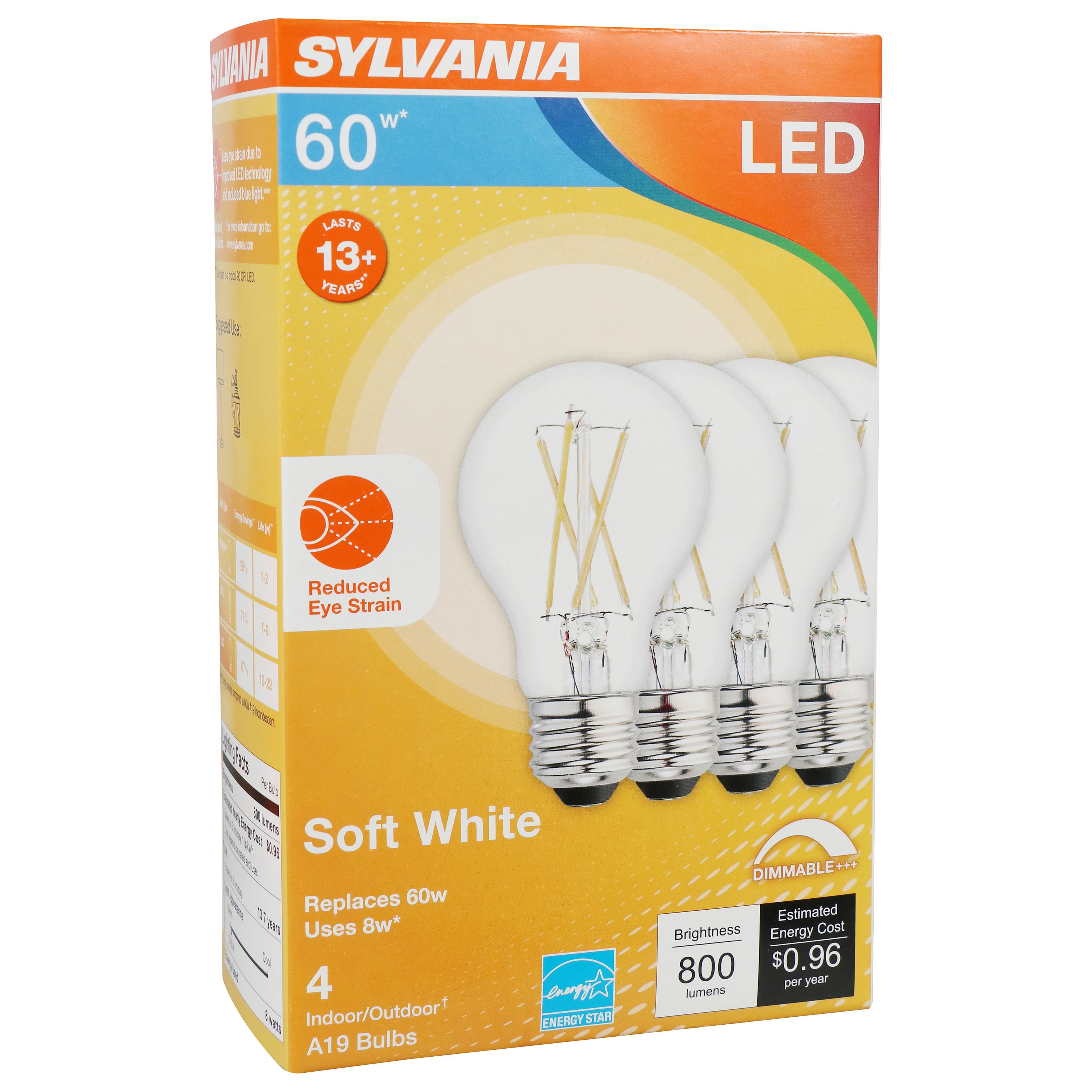 SYLVANIA LED A19 Reduced Eye Strain Light Bulb, 60W, Dim, SW, 4 Pk