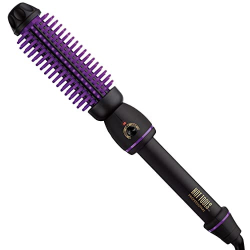 hot tools pro artista calefactado silicona bristle bristle brush styler cepillo alaciador térmico de 1 pulgada, vista 3/4; barril morado con cerdas de silicona, cuerpo y mango de goma negro con logo Hot Tools, dial giratorio de temperatura hasta 430 °F y luz indicadora, punta fría y cable giratorio profesional de 8 pies; también suele usarse para dar volumen rápido en cabello corto.