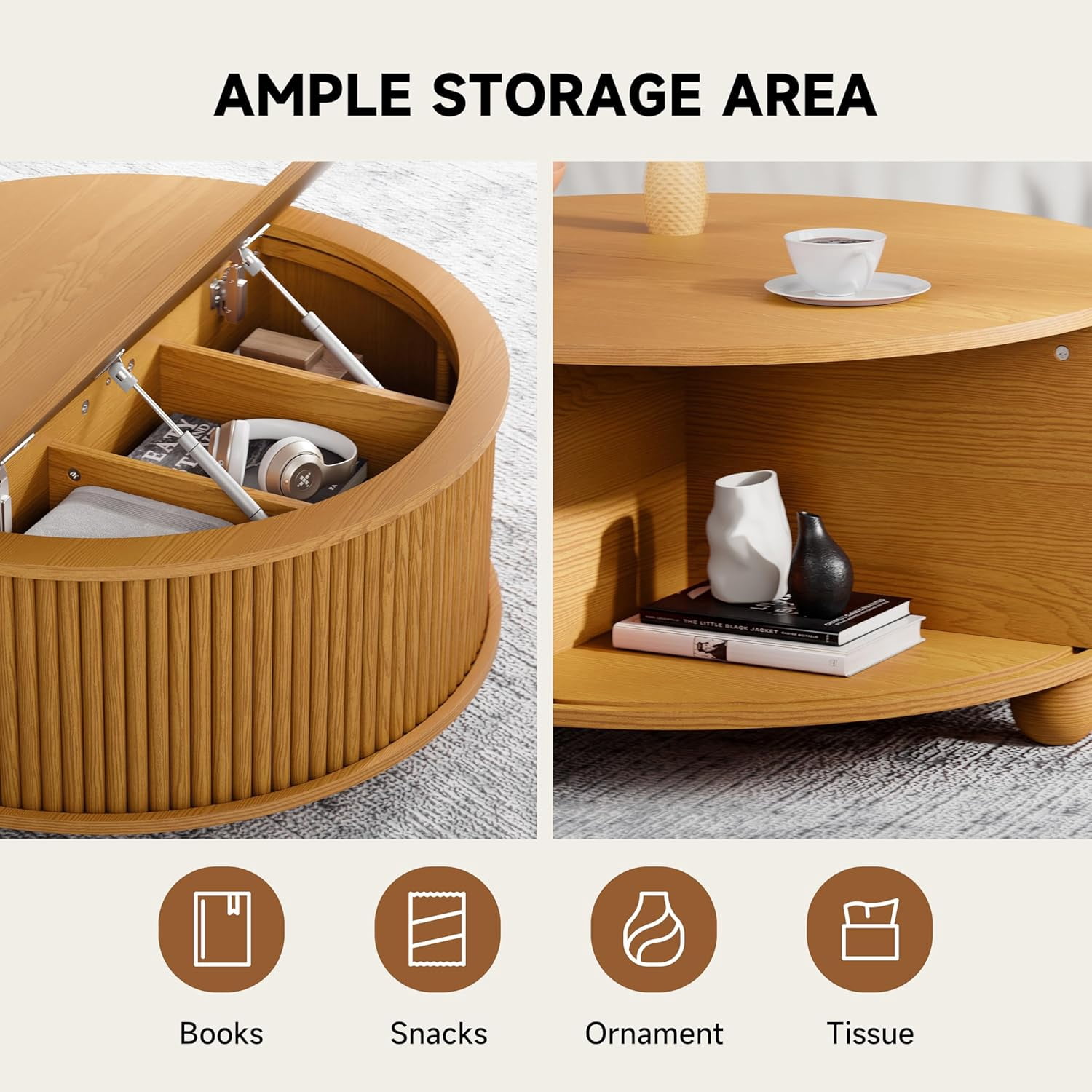 31.5" Round Coffee Table, Mid Century Modern Circle Drum Table with Sliding Door Storage, Yellow Oak