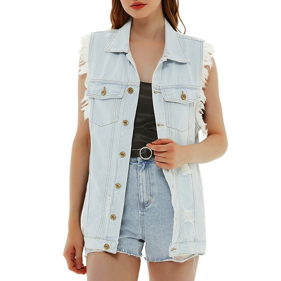 Womens Oversized Sleeveless Distressed Denim Vest Pockets Jean Jacket, Light Denim, Small