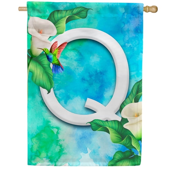 America Forever Summer Flowers Birds Monogram House Flag Letter Q 28 x 40 inches Hummingbird Calla Lily Spring Floral Double Sided Vertical Outdoor Yard Lawn Decorative White Floral House Flag