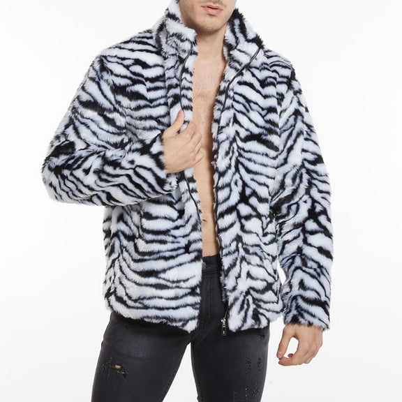 AXXD Coats For Men,Men Leopard Winter Warm Fashion Outdoor Woolen Faux-Fur' Coat Collar OverCoat