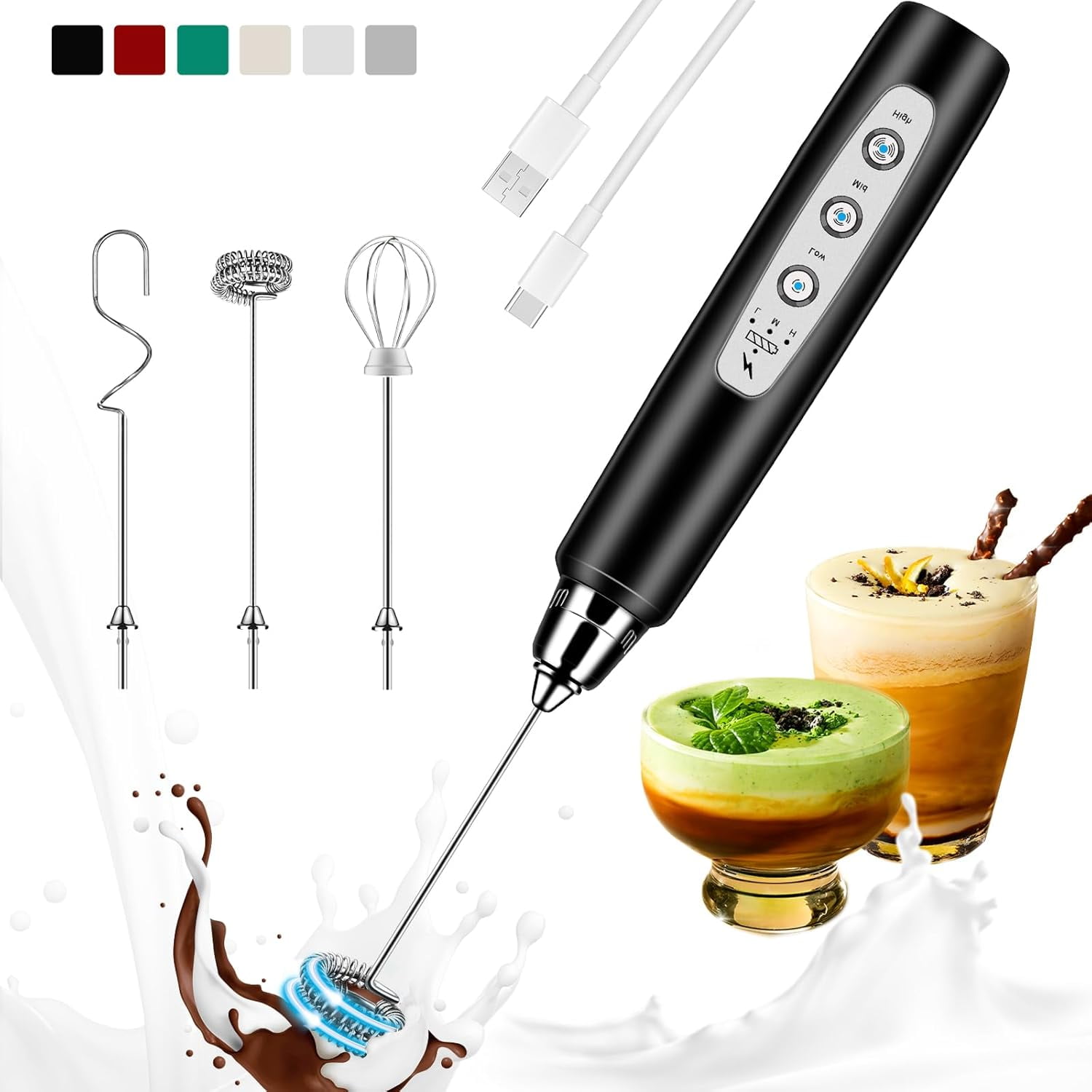 Milk Frother Handheld Rechargeable With Stand  Wand Drink Mixer Electric Whisk For Coffee Detachable 3 Stainless Whisks Hand Lattes Cappuccino Matcha Egg Beige