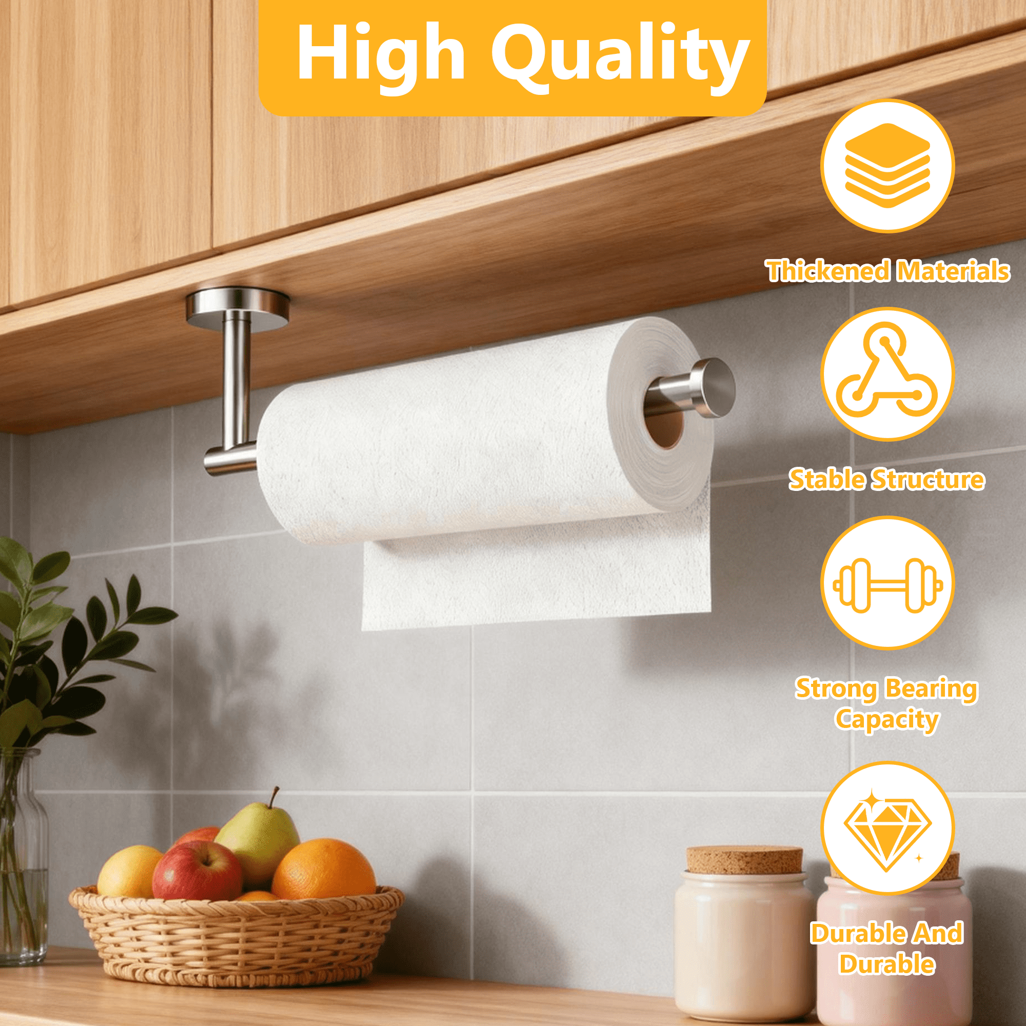 Wall Mount Paper Towel Holder, Stainless Steel Under Cabinet Paper Towel Rack, Multi-Purpose Wall Towel Bar for Kitchen Bathroom, Drilled Mount Paper Roll Holder