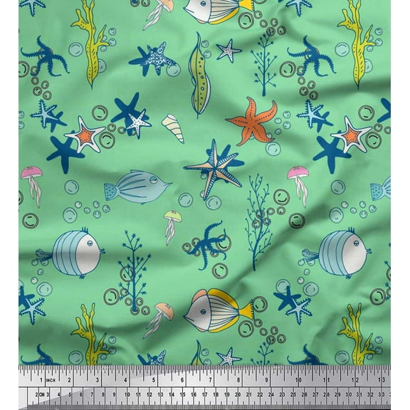 Soimoi Cotton Duck Fabric Fish,Coral & Starfish Ocean Printed Craft Fabric by The Yard 42 Inch Wide