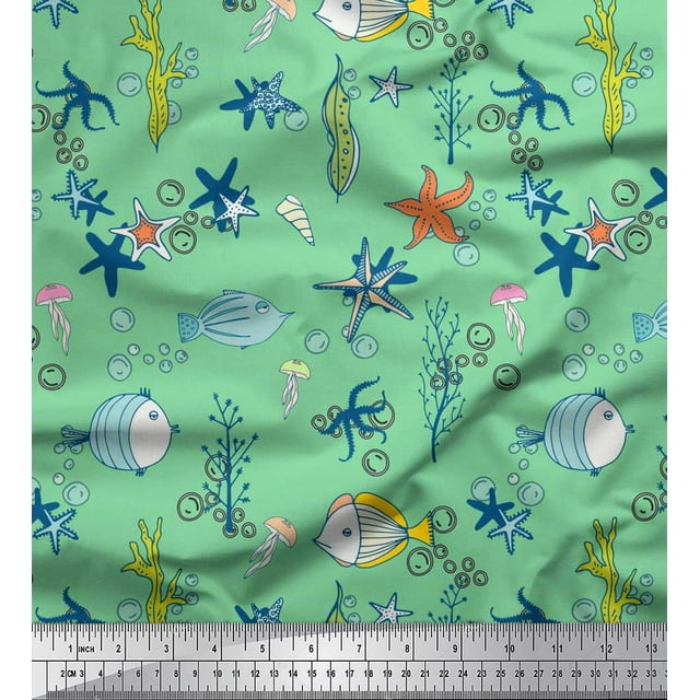 Soimoi Poly Georgette Fabric Fish,Coral & Starfish Ocean Print Fabric by The Yard 52 Inch Wide
