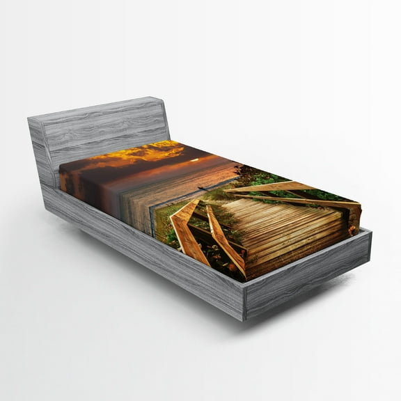 Ambesonne Landscape Fitted Sheet, Wooden Pier Sunset Beach, Twin Size, Multicolor