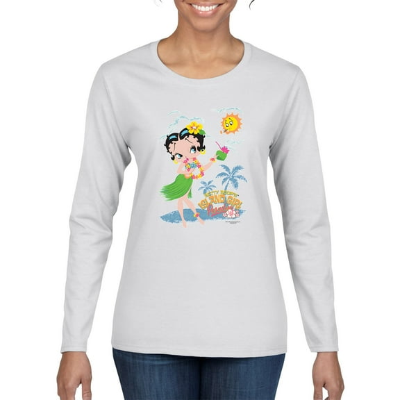 Wild Bobby Betty Boop Island Girl Paradise Betty Boop Womens Long Sleeve T-Shirt, White, X-Large