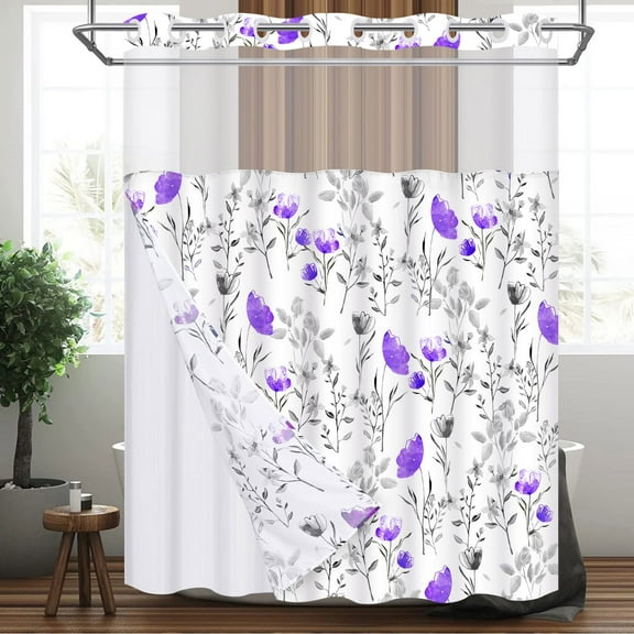 Ikfashoni Hookless Shower Curtain with Snap in Liner, Purple Floral Waterproof Fabric Mesh Window Bath Curtain, 71"X74"