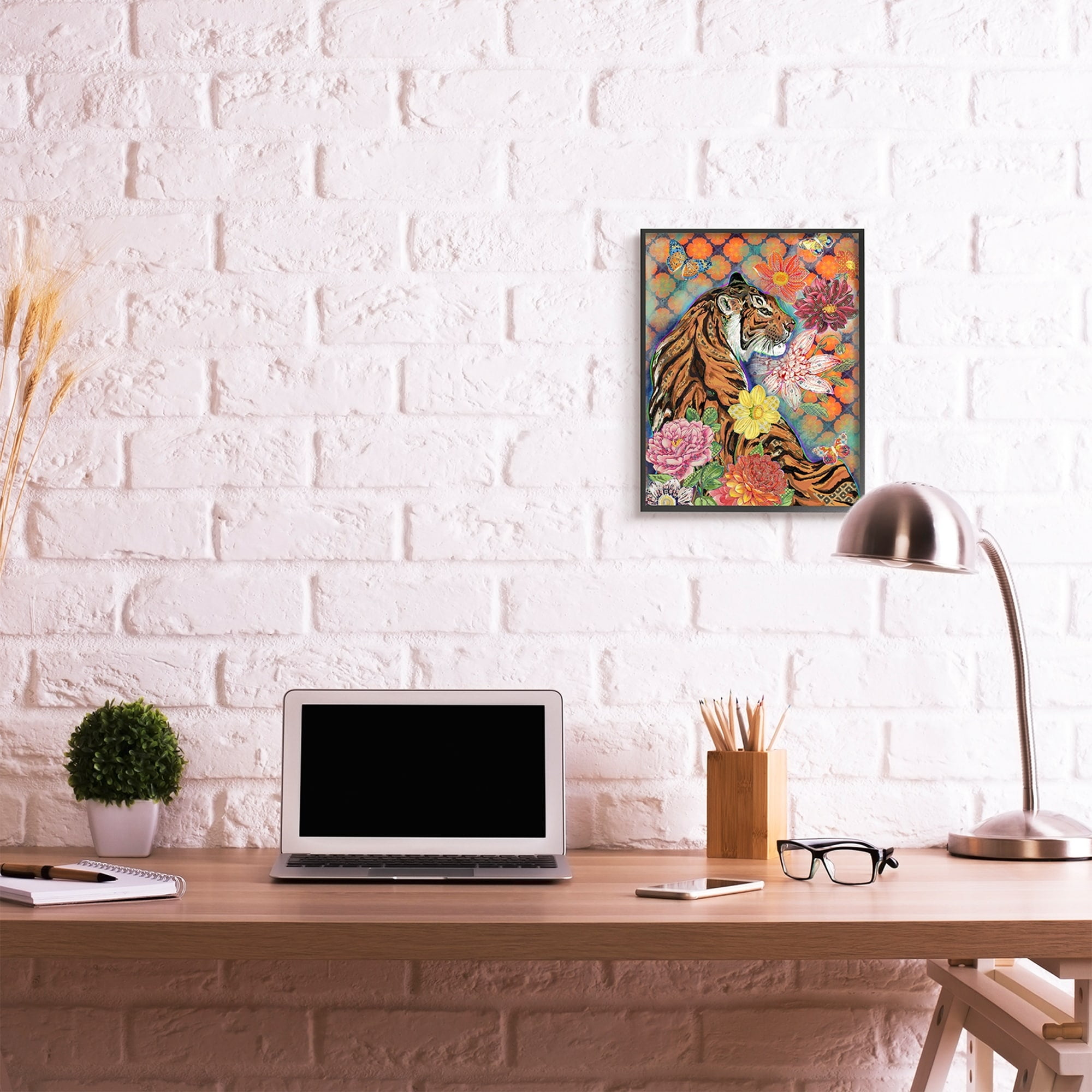 Stupell Industries Jungle Tiger Cat Over Orange Arabesque Floral Pattern Black Framed, 24 x 30, Design by Sangita Bachelet