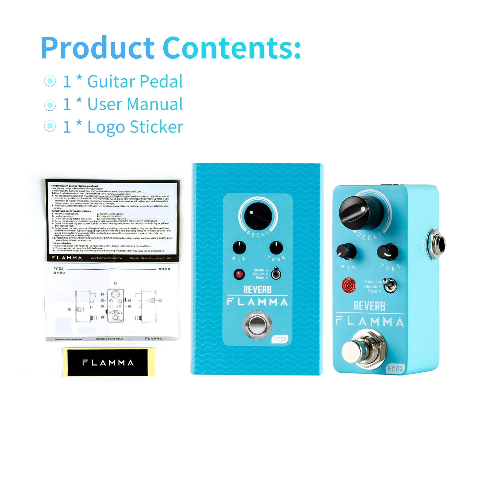 FLAMMA FC02 Mini Reverb Pedal Digital Guitar Effects Pedal with Church Plate Studio Reverb True Bypass