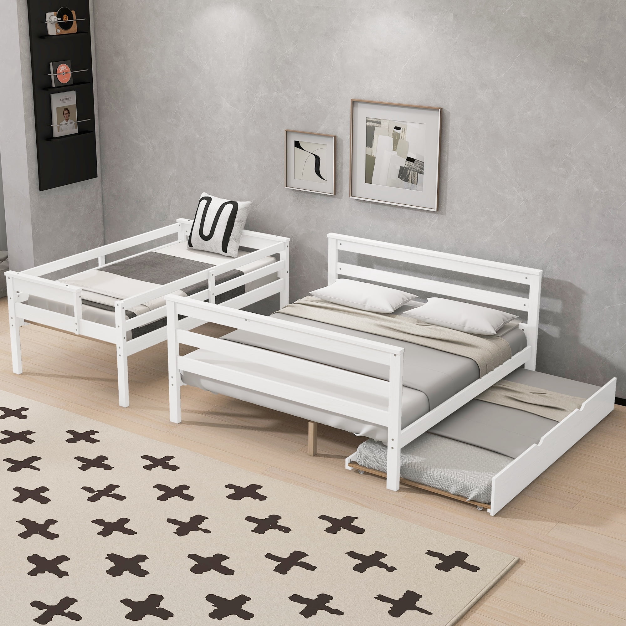 Euroco Wood Twin XL over Queen Bunk Bed with Trundle, 3 Beds in One Design, White