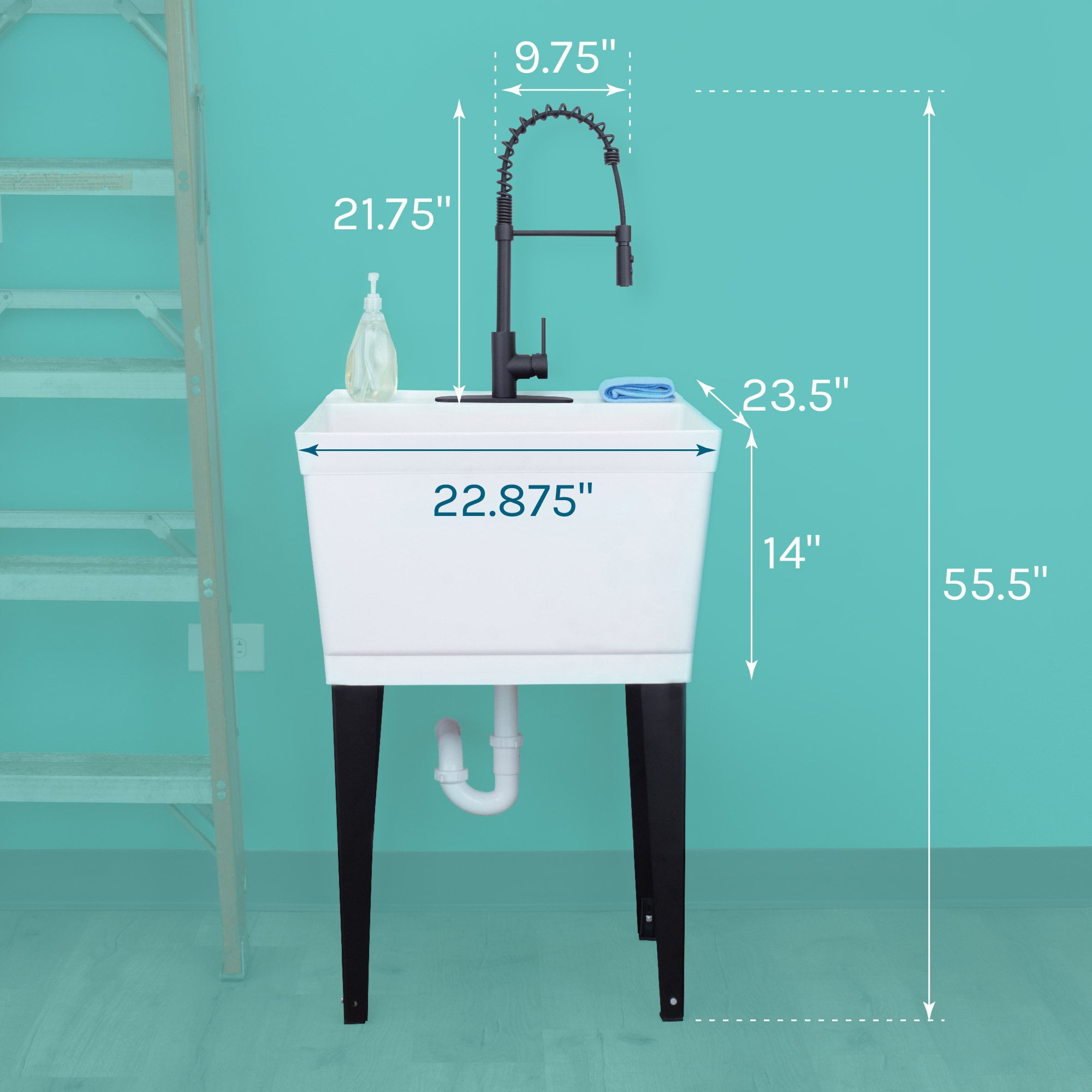 Tehila White 19 Gallon Utility Sink with High-Arc Black Finish Coil Pull-Down Faucet
