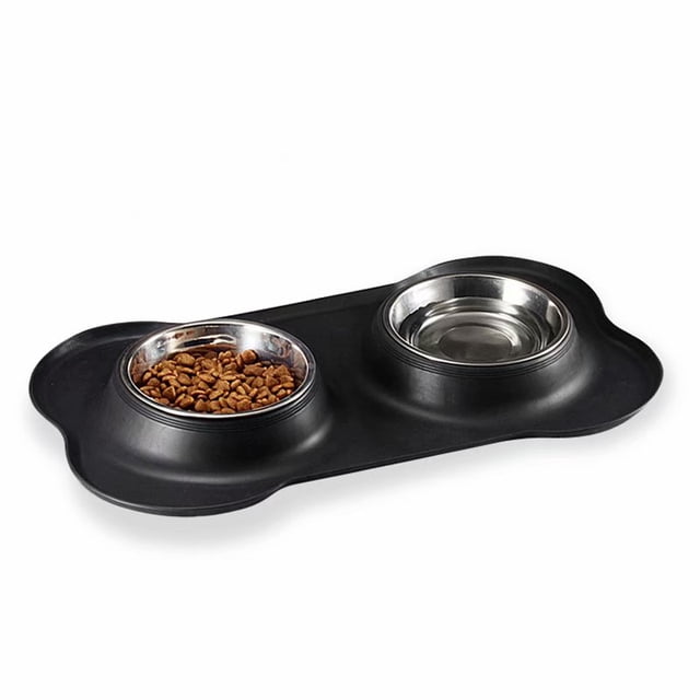 Comedero doble de acero inoxidable para perros y gatos con base antideslizante, anti-inundaciones y tapete de silicona a prueba de derrames.