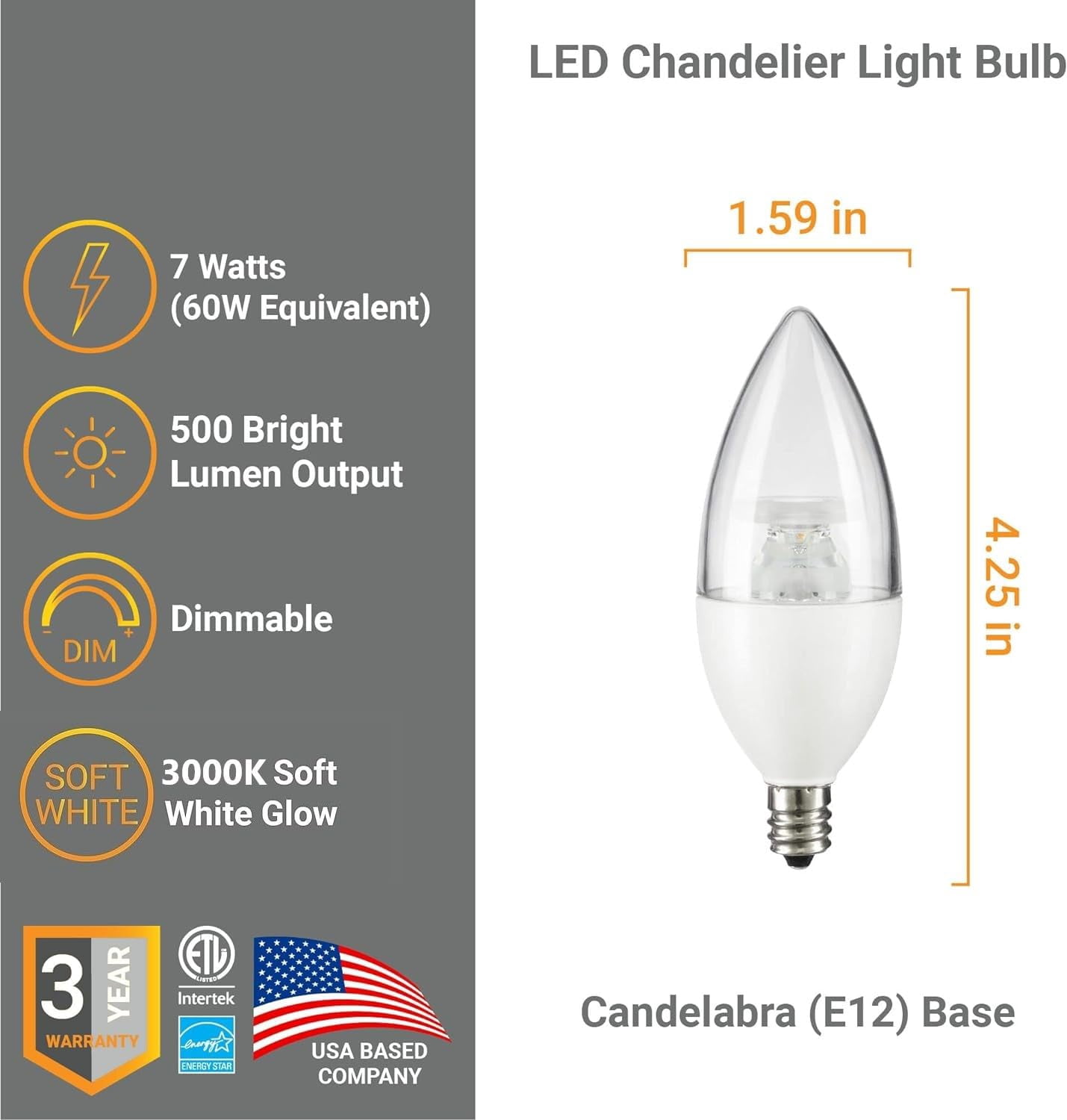 Diodesy- Pack of 6 CTC/LED/7W/30K E12 Candelabra LED Light Bulbs, Dimmable, 7W (60 Watt Equivalent), 3000K Soft White, Decorative Chandelier Candle Bulb, Ceiling Fan Bulbs, Energy Star, ETL Listed