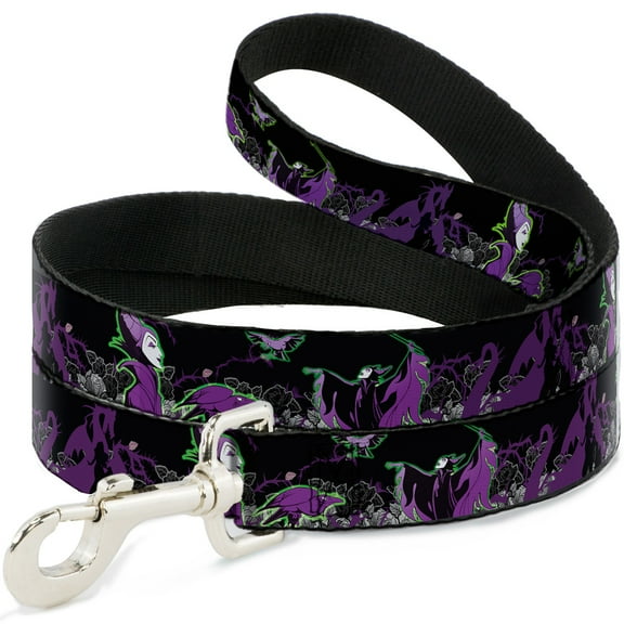 Disney Pet Leash, Dog Leash, Maleficent Diablo Black Roses Purples, 4 Feet Long 0.5 Inch Wide